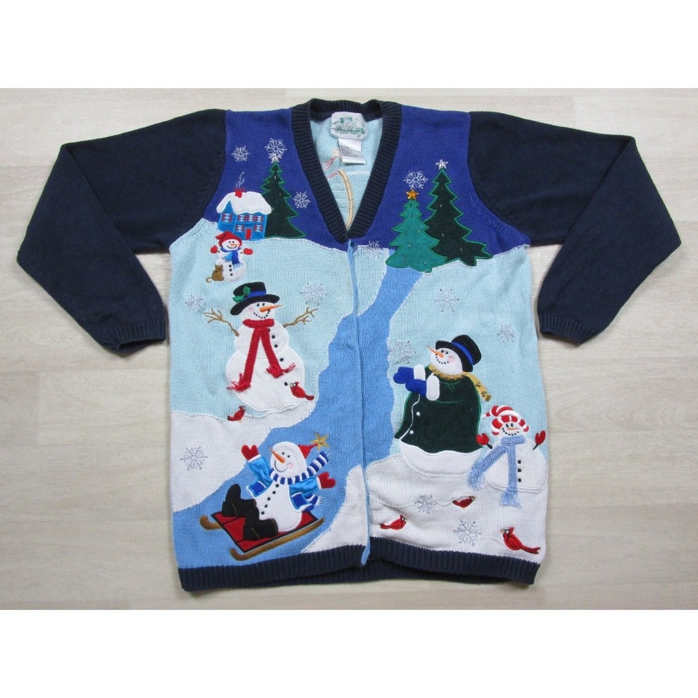 Vintage Y2K Quacker Factory Cardigan Sweater Women's (S) Christmas Snowman